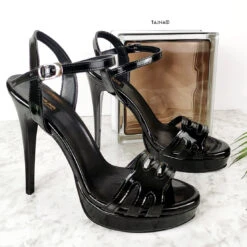 Tajna Shoes 36 5.11 Inches Black Gloss Laser Heel Sandals