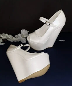 Ivory White Peep Toe Mary Jane Wedges -Tajna Shoes 17 cm high heel wedding wedge shoes ivory 4