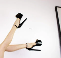 Black Patent Ankle Strap Thick Heels -Tajna Shoes 19 cm extreme high heel platform 11