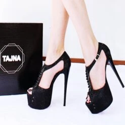 Black Shiny Ribbon Peep Toe Platform Shoes -Tajna Shoes 19 cm high heel platform shoes tajna 210
