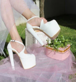 Ankle Cross Strap Peep Toe White Platform Shoes -Tajna Shoes 19 cm high heel platform wedding shoe 4