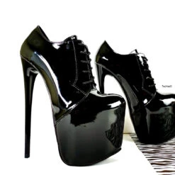 Oxford Ankle Black Patent High Heels -Tajna Shoes 19cm black patent lace up oxford high heel ankle platform shoe 1