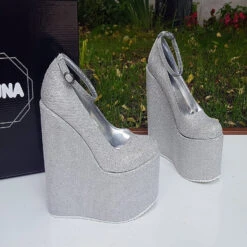 Silver Shiny Ankle Strap Wedge Platform Shoes