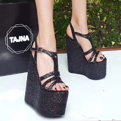 Black Shiny Multi Strap Wedge Platform Sandals 7 Black Shiny Multi Strap Wedge Platform Sandals -Tajna Shoes 20170611 133254