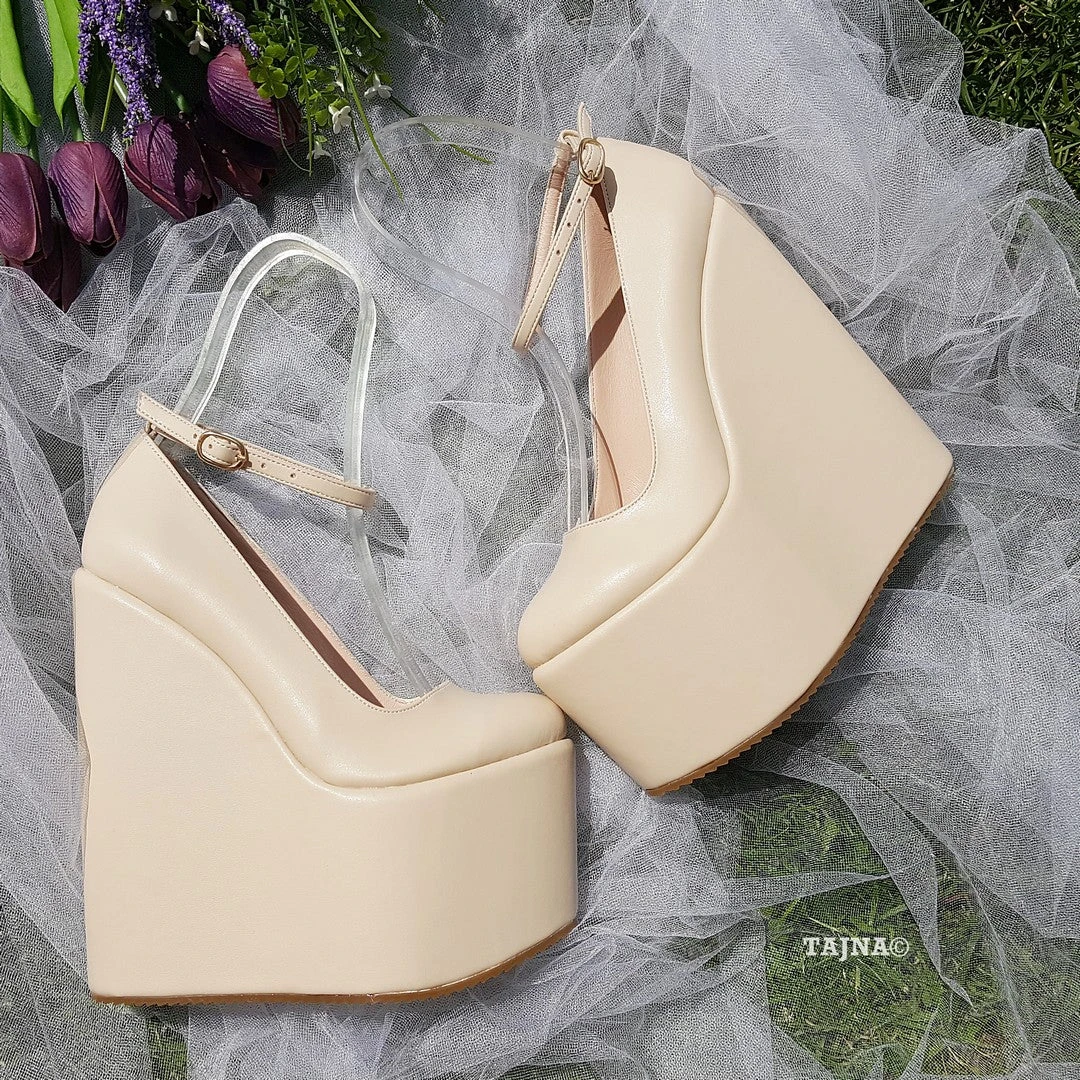 Cream Ankle Strap Wedding High Heel Platform Wedge Shoes 1 Cream Ankle Strap Wedding High Heel Platform Wedge Shoes
