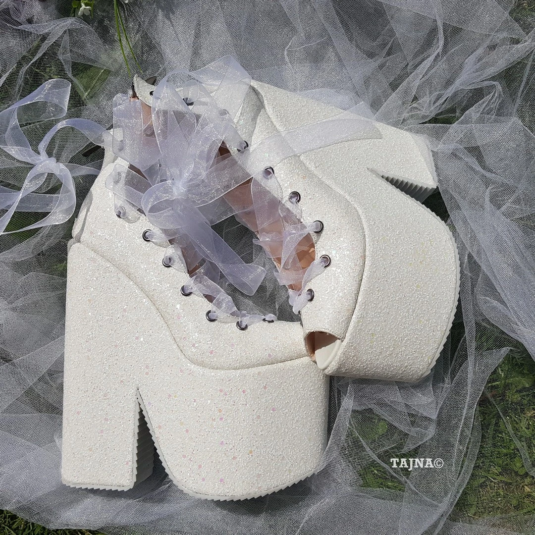 Sparkling White Lace Up Balerinas Super Wedge Shoes 20 Cm 1 Sparkling White Lace Up Balerinas Super Wedge Shoes 20 Cm