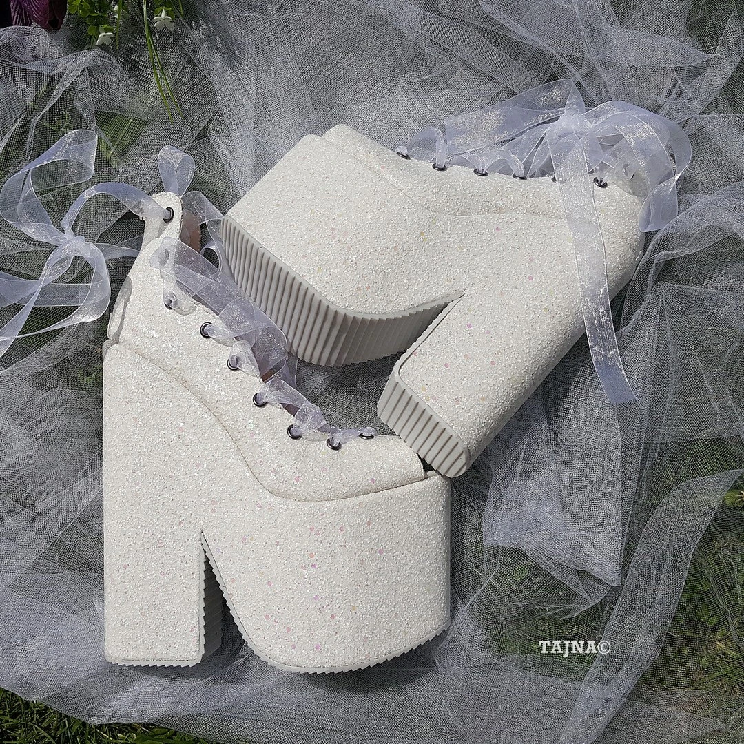 Sparkling White Lace Up Balerinas Super Wedge Shoes 20 Cm 2 Sparkling White Lace Up Balerinas Super Wedge Shoes 20 Cm - Image 2