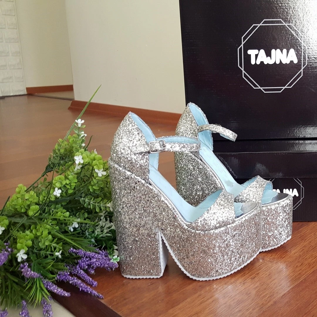 Silver Sparkling Single Strap Chunky Platform Wedge Shoes 2 Silver Sparkling Single Strap Chunky Platform Wedge Shoes - Image 2