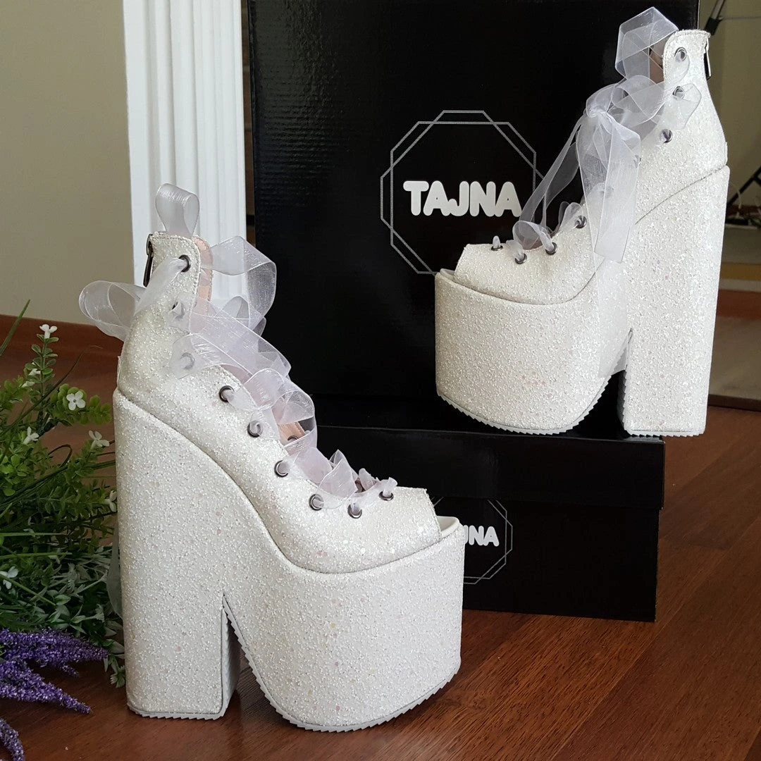 Sparkling White Lace Up Balerinas Super Wedge Shoes 20 Cm 5 Sparkling White Lace Up Balerinas Super Wedge Shoes 20 Cm - Image 5