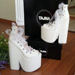 Sparkling White Lace Up Balerinas Super Wedge Shoes 20 Cm 12 Sparkling White Lace Up Balerinas Super Wedge Shoes 20 Cm -Tajna Shoes 20180611 152152