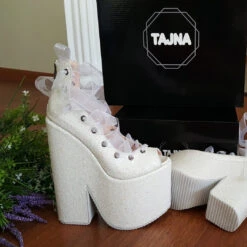 Sparkling White Lace Up Balerinas Super Wedge Shoes 20 Cm 13 Sparkling White Lace Up Balerinas Super Wedge Shoes 20 Cm -Tajna Shoes 20180611 152210