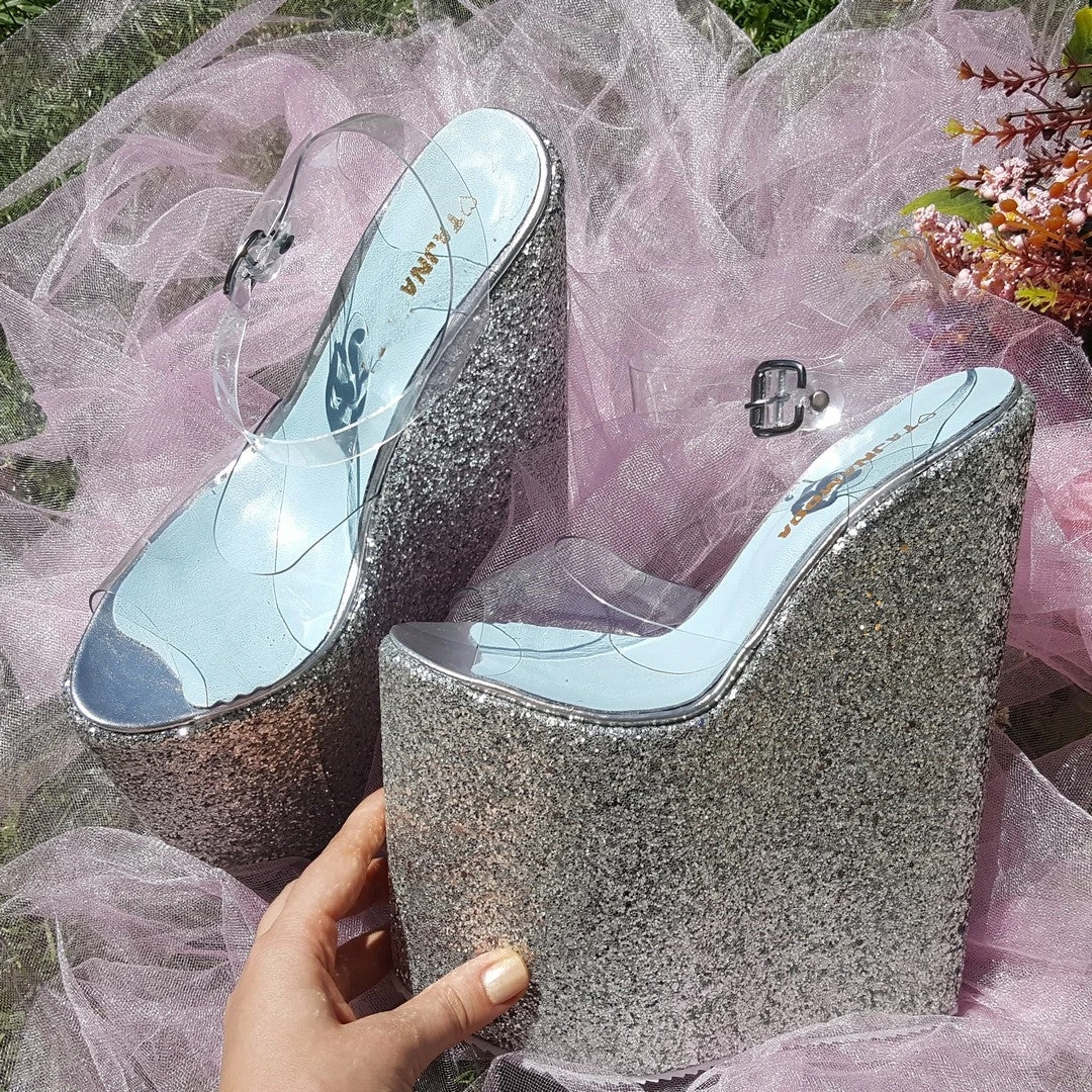 Transparent Strap Silver Platform Wedge Mules 21 Cm 2 Transparent Strap Silver Platform Wedge Mules 21 Cm - Image 2