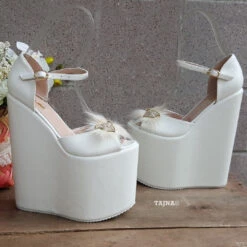 Platform White Butterfly Ribbon Wedding Wedge Shoes
