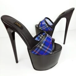 Blue Transparent Tartan Plaid High Heel Mules -Tajna Shoes 20221013 182743