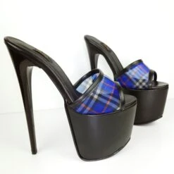 Blue Transparent Tartan Plaid High Heel Mules -Tajna Shoes 20221013 182824