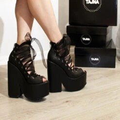Black Lace Up Ballerina Wedge Platform Shoes -Tajna Shoes 20 cm high heel wedge shoes 5 c6aa2a1f 6858 4543 9942 a4fb59b0d558