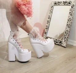 Lace Up Ballerina Wedges White High Heel Platform