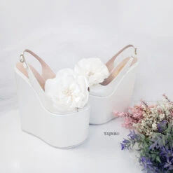 Peep Toe Huge Ribbon Bridal Wedge Shoes 5 Peep Toe Huge Ribbon Bridal Wedge Shoes -Tajna Shoes 20 cm platform bridal shoes high heels wedding 1