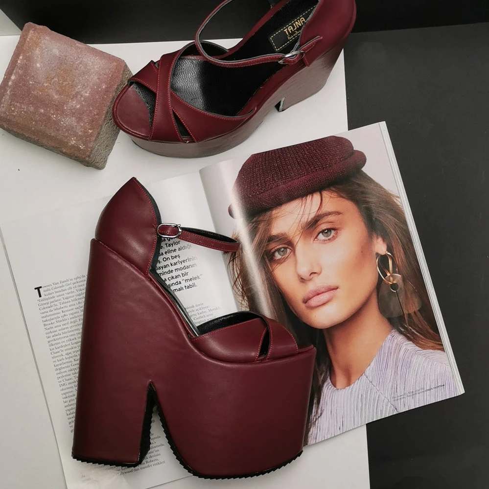 Burgundy Cross Strap Platform Wedges 1 Burgundy Cross Strap Platform Wedges