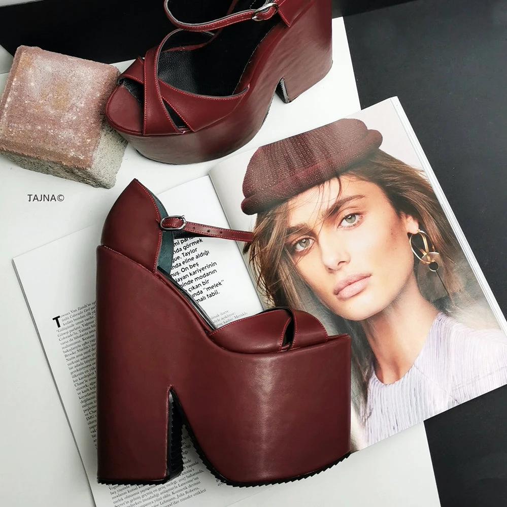 Burgundy Cross Strap Platform Wedges 2 Burgundy Cross Strap Platform Wedges - Image 2