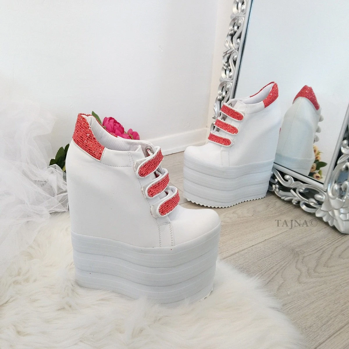 White Pink Hook Pile Sport High Heel Wedge Platform Shoes 3 White Pink Hook Pile Sport High Heel Wedge Platform Shoes - Image 3