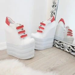 White Pink Hook Pile Sport High Heel Wedge Platform Shoes