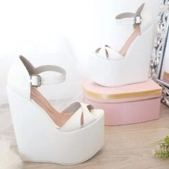 White Cross Sandals Wedge Platform Shoes