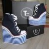 Denim Lace Up Sport Platforms Jean Blue Wedge Shoes