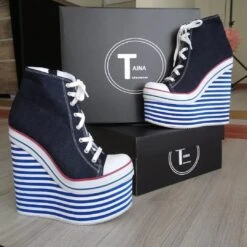 Denim Lace Up Sport Platforms Jean Blue Wedge Shoes