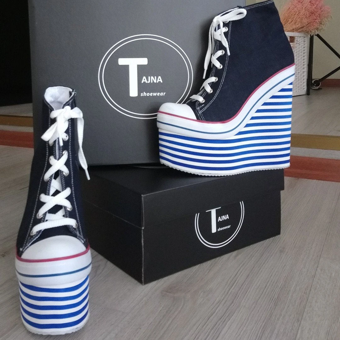 Denim Lace Up Sport Platforms Jean Blue Wedge Shoes 4 Denim Lace Up Sport Platforms Jean Blue Wedge Shoes - Image 4