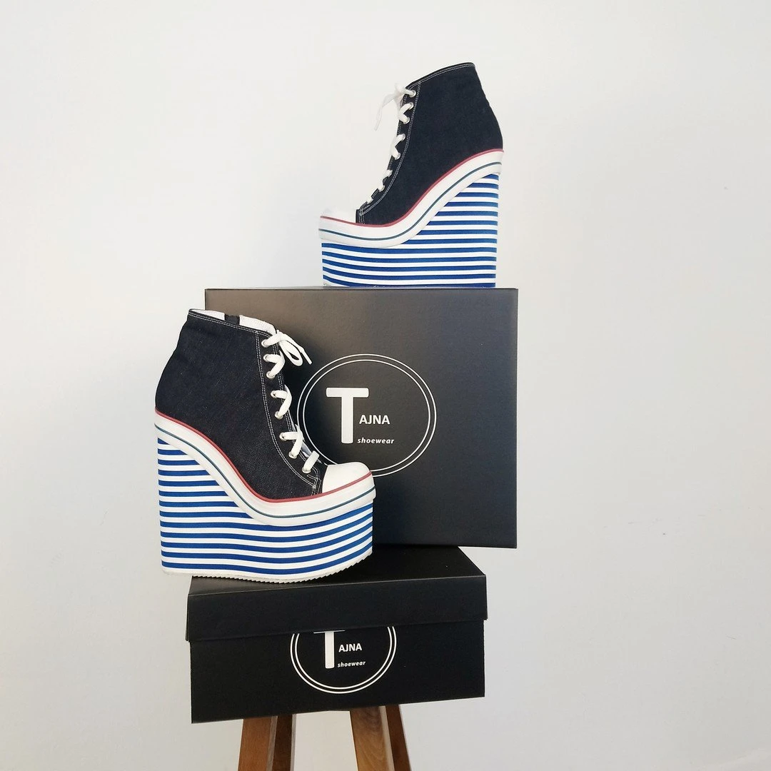 Denim Lace Up Sport Platforms Jean Blue Wedge Shoes 2 Denim Lace Up Sport Platforms Jean Blue Wedge Shoes - Image 2