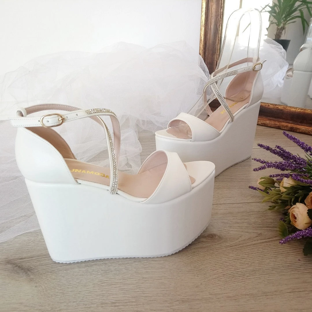 Bridal Collection White Wedge Platform Sandals 7 Bridal Collection White Wedge Platform Sandals - Image 7