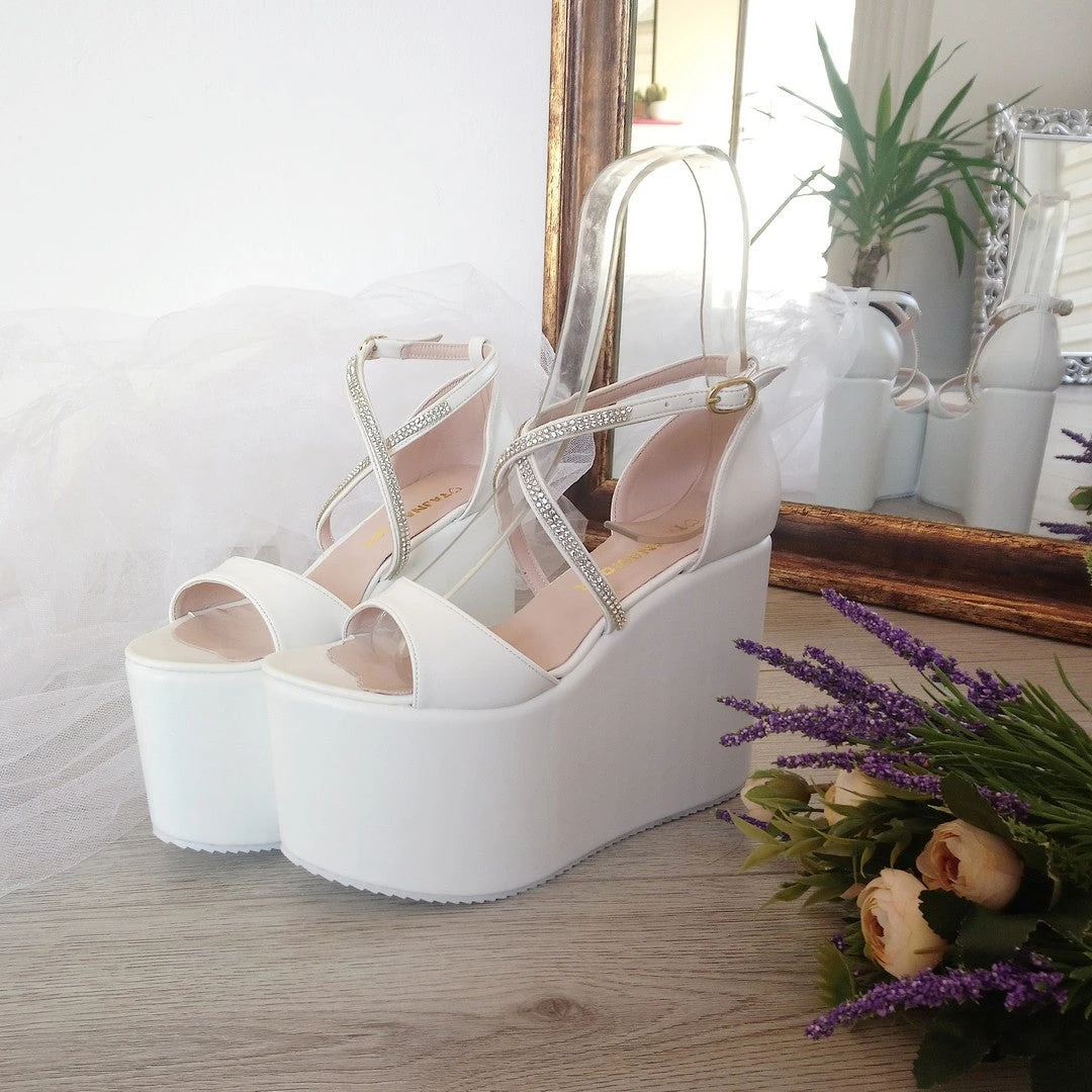 Bridal Collection White Wedge Platform Sandals 2 Bridal Collection White Wedge Platform Sandals - Image 2