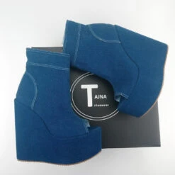 Jean Demin Peep Toe Platform Heel Wedge Booties -Tajna Shoes DSC 1072