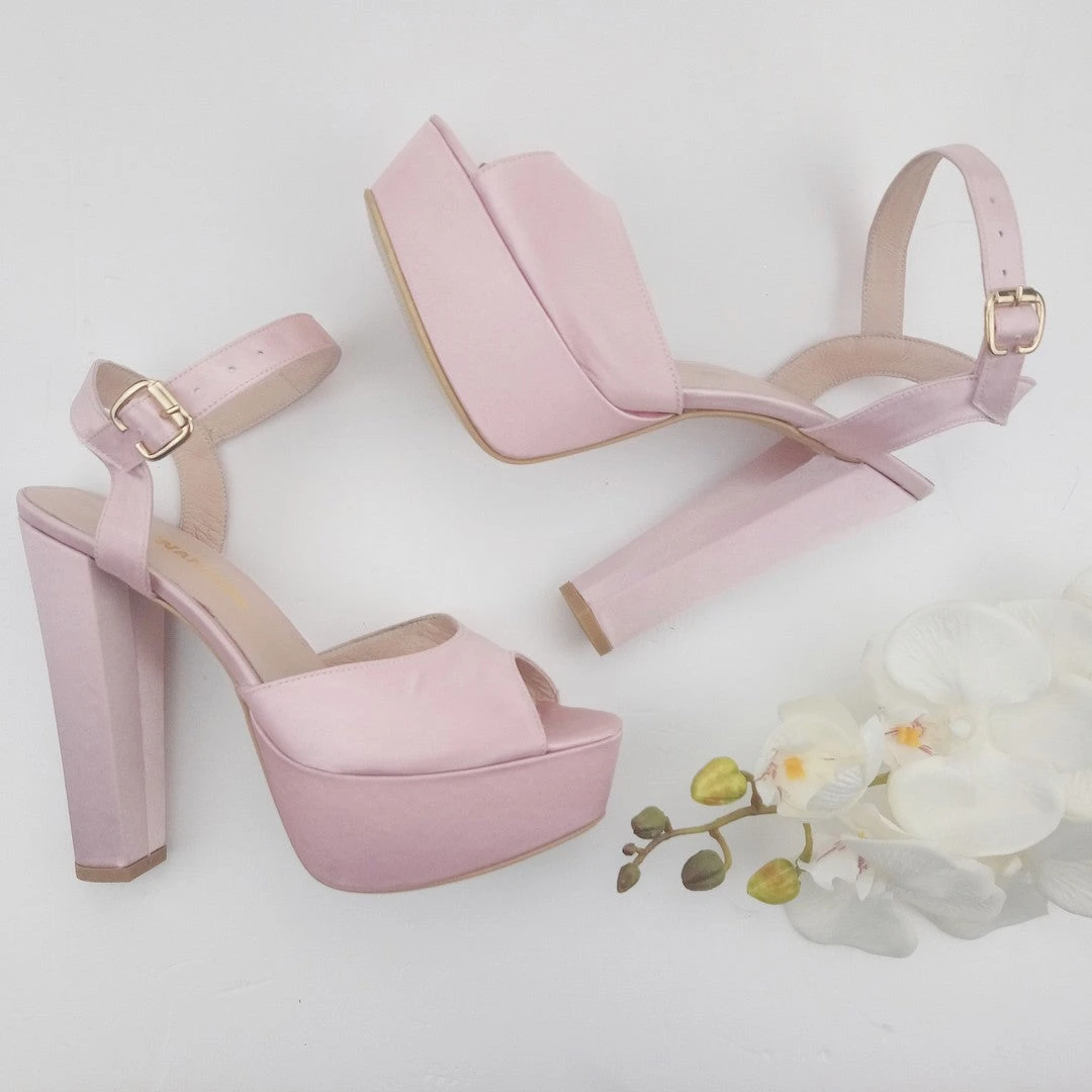 Light Pink Satin Strap Bridal Chunky Platform Shoes 1 Light Pink Satin Strap Bridal Chunky Platform Shoes