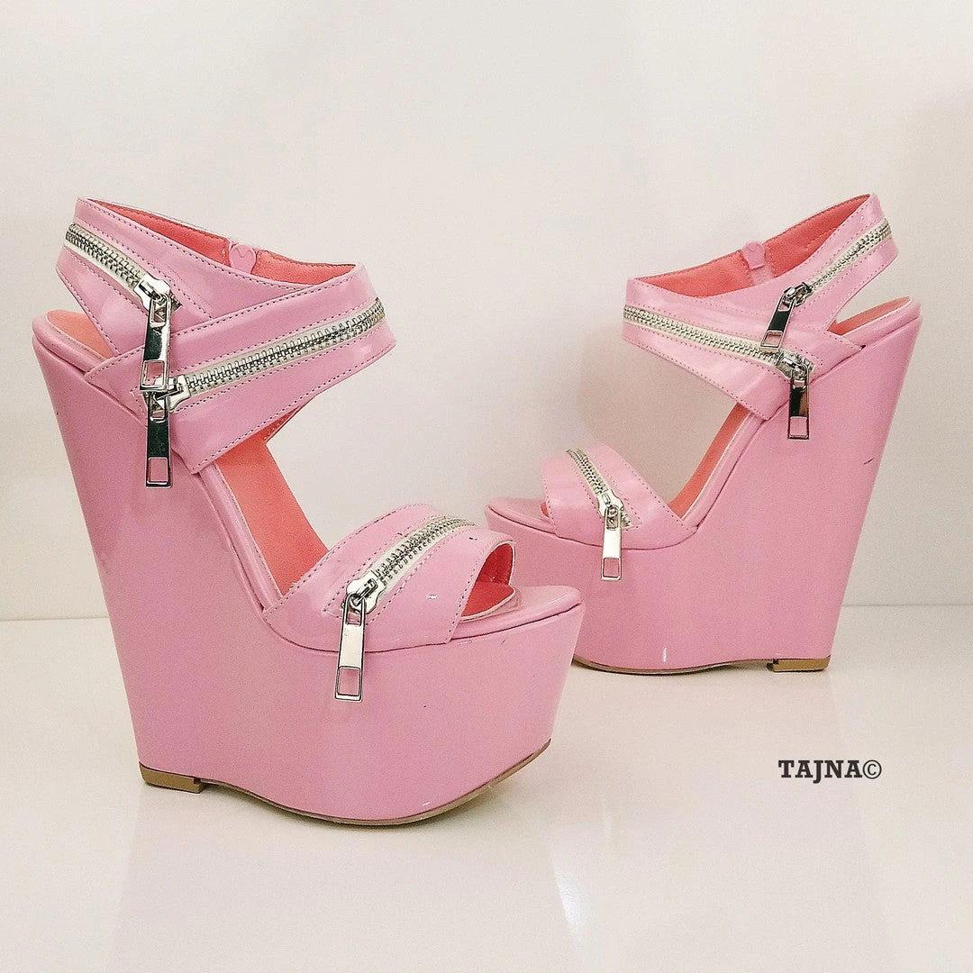 Baby Pink Patent Leather Heel Wedge Sandals 4 Baby Pink Patent Leather Heel Wedge Sandals - Image 4