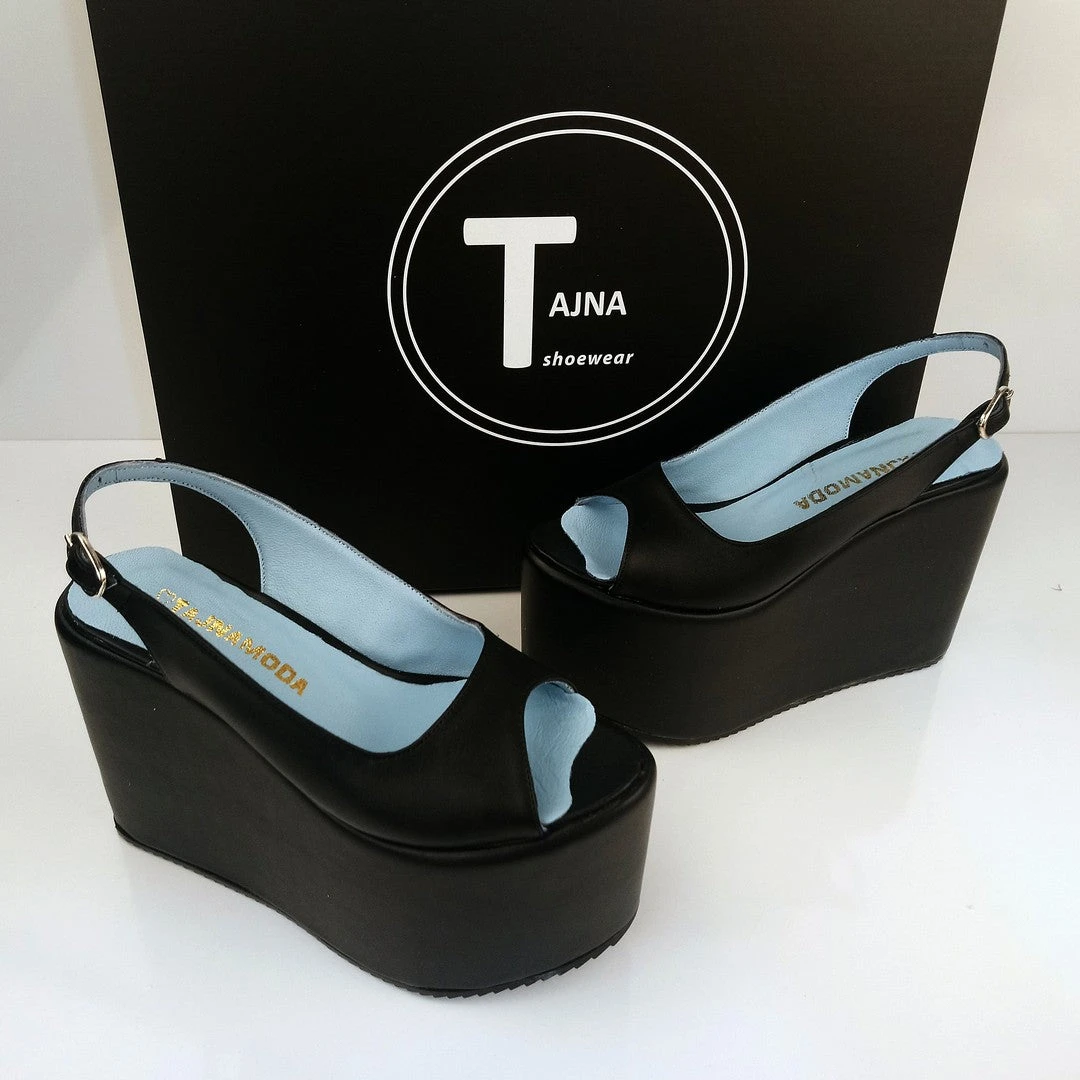 Black Peep Toe Wedge Platform Sandals 2 Black Peep Toe Wedge Platform Sandals - Image 2