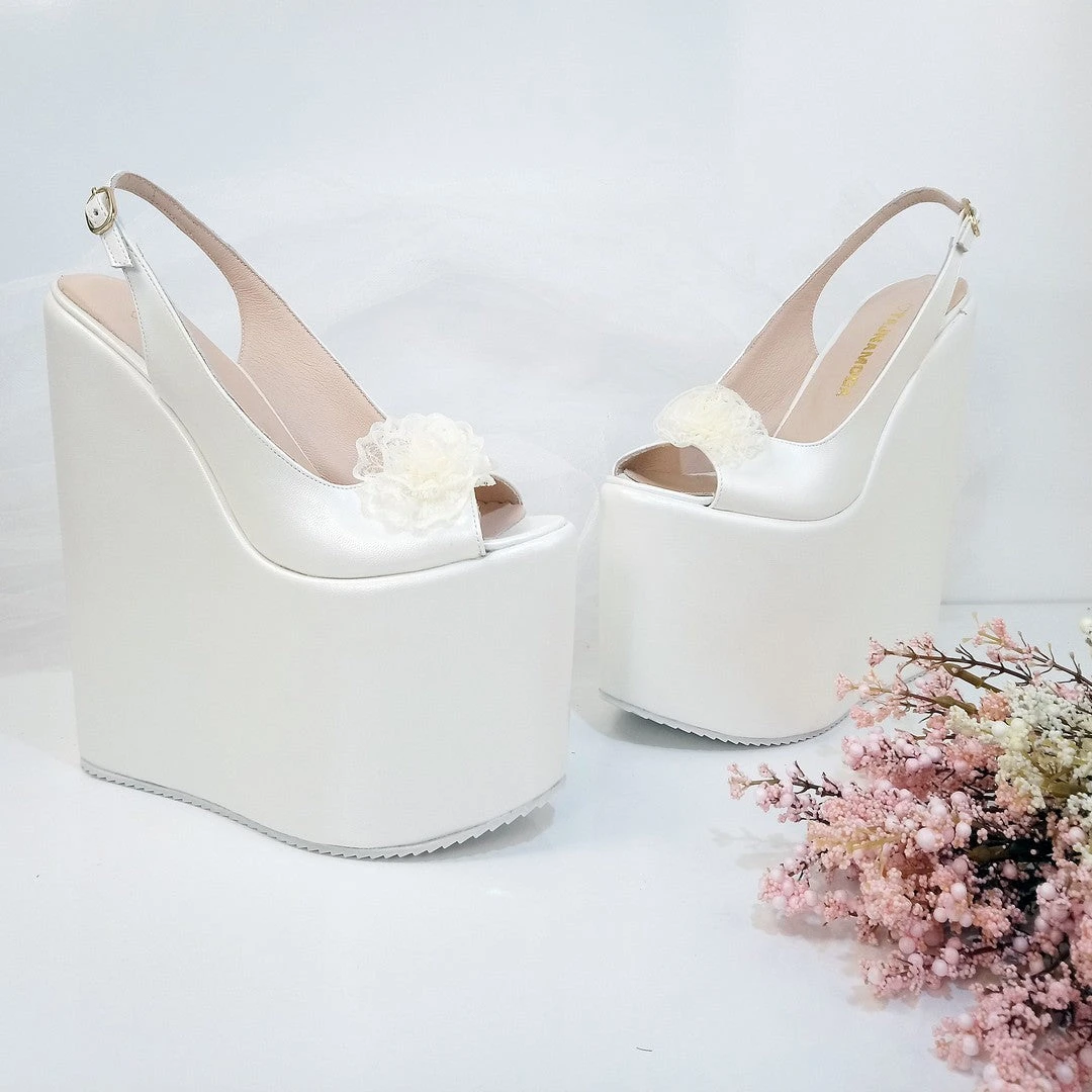 Lacy Ivory White Pee Toe Platform Wedge Bride Shoes 3 Lacy Ivory White Pee Toe Platform Wedge Bride Shoes - Image 3