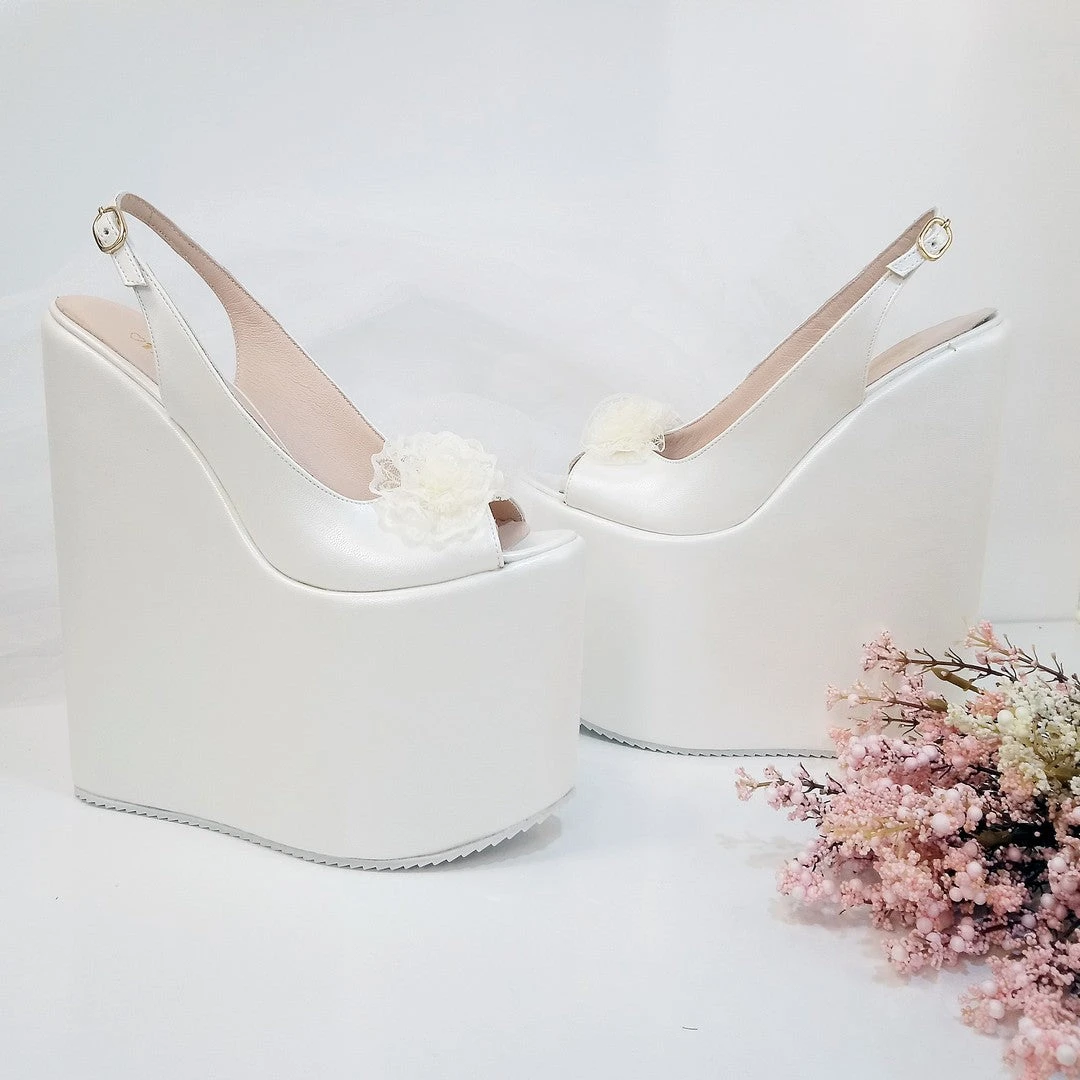 Lacy Ivory White Pee Toe Platform Wedge Bride Shoes 2 Lacy Ivory White Pee Toe Platform Wedge Bride Shoes - Image 2