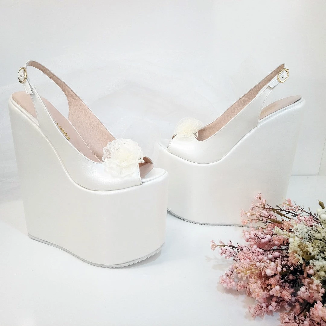 Lacy Ivory White Pee Toe Platform Wedge Bride Shoes 1 Lacy Ivory White Pee Toe Platform Wedge Bride Shoes