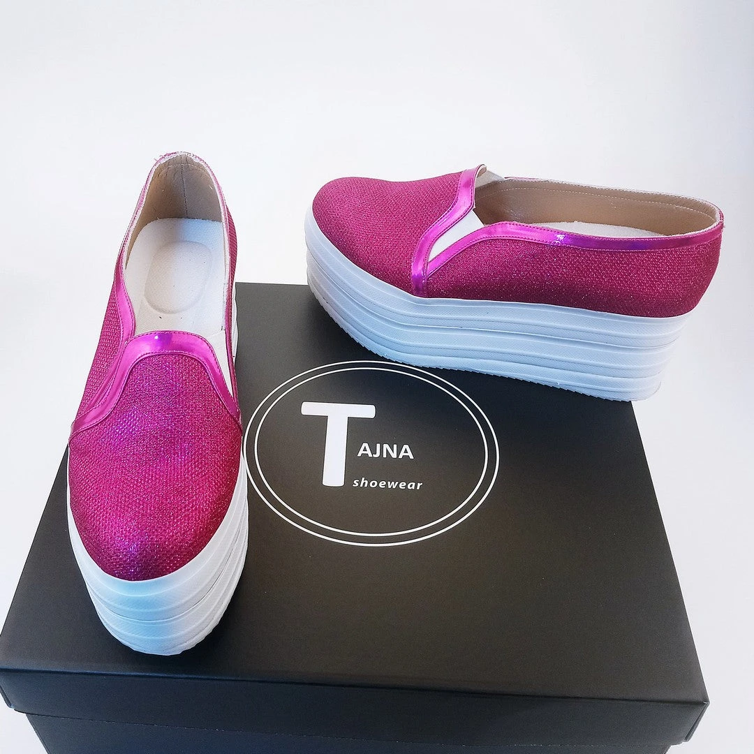 Fushia Pink Shinny Sneakers Wedge Platform Shoes 3 Fushia Pink Shinny Sneakers Wedge Platform Shoes - Image 3