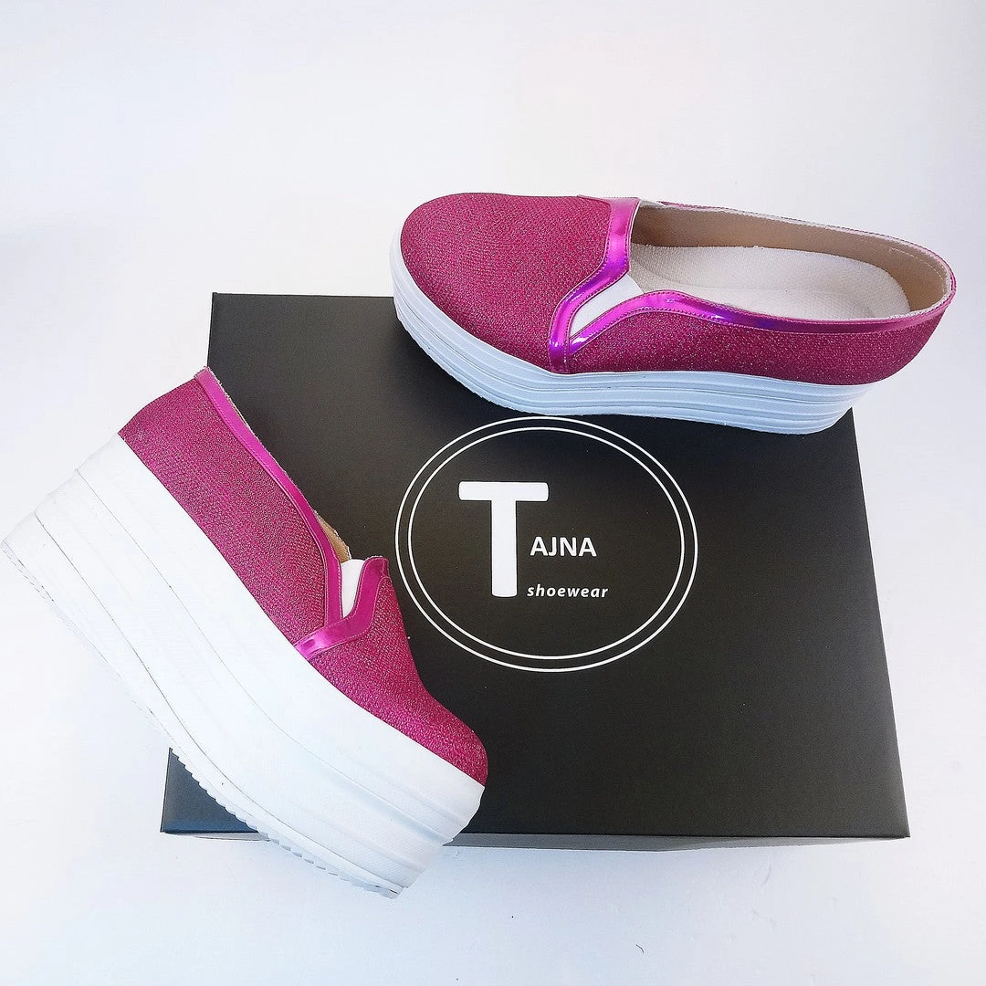 Fushia Pink Shinny Sneakers Wedge Platform Shoes 2 Fushia Pink Shinny Sneakers Wedge Platform Shoes - Image 2