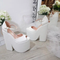 White Ankle Strap Platform Wedge Bridal Shoes