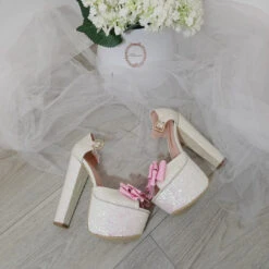 White Shiny Pink Ribbon Bridal Platform Shoes 8 White Shiny Pink Ribbon Bridal Platform Shoes -Tajna Shoes DSC 1905