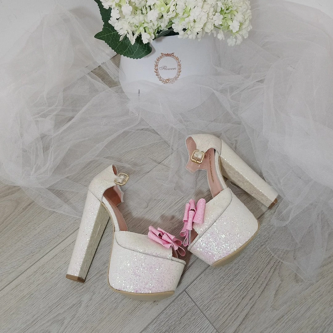 White Shiny Pink Ribbon Bridal Platform Shoes 3 White Shiny Pink Ribbon Bridal Platform Shoes - Image 3