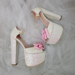 White Shiny Pink Ribbon Bridal Platform Shoes 9 White Shiny Pink Ribbon Bridal Platform Shoes -Tajna Shoes DSC 1927