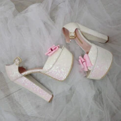White Shiny Pink Ribbon Bridal Platform Shoes 10 White Shiny Pink Ribbon Bridal Platform Shoes -Tajna Shoes DSC 1929