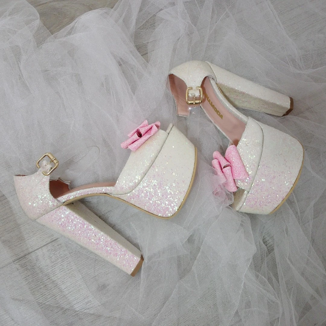 White Shiny Pink Ribbon Bridal Platform Shoes 5 White Shiny Pink Ribbon Bridal Platform Shoes - Image 5