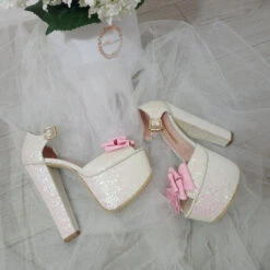 White Shiny Pink Ribbon Bridal Platform Shoes 11 White Shiny Pink Ribbon Bridal Platform Shoes -Tajna Shoes DSC 1934