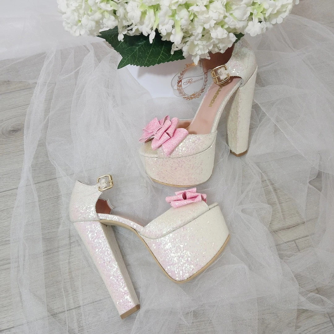 White Shiny Pink Ribbon Bridal Platform Shoes 2 White Shiny Pink Ribbon Bridal Platform Shoes - Image 2